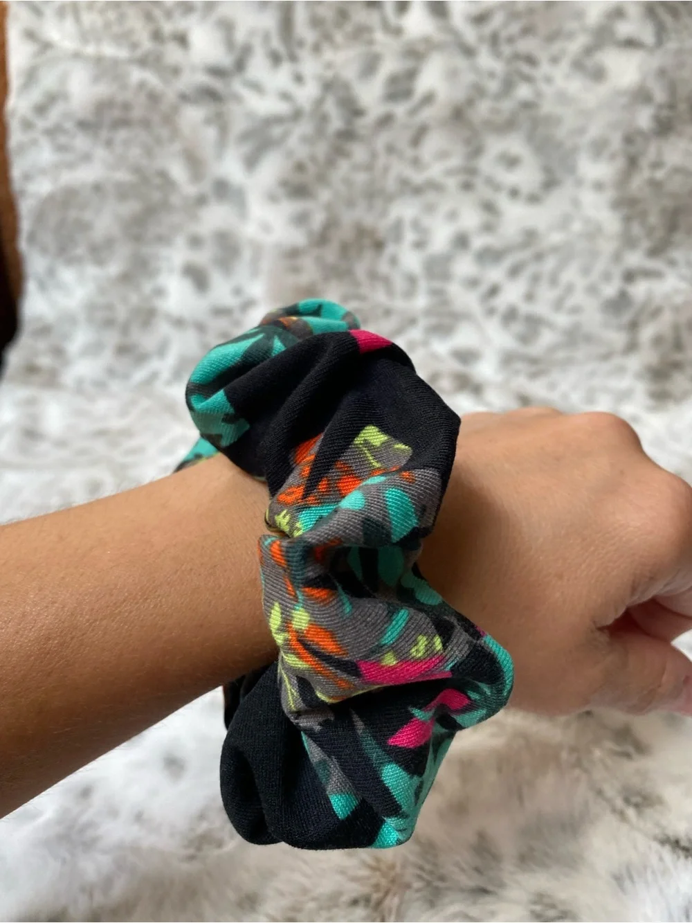 Black Floral Twist Headband  and Scrunchie Set with Teal and Coral Accents. NWOT